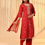 Bright Red Floral Embroidered Crepe Kurta Set