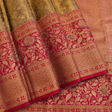 Olive Gold Kanjivaram Silk Saree With Pink Border And Gold Zari Floral Weave