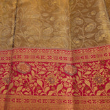 Olive Gold Kanjivaram Silk Saree With Pink Border And Gold Zari Floral Weave