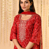 Bright Red Floral Embroidered Crepe Kurta Set