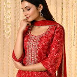 Bright Red Floral Embroidered Crepe Kurta Set