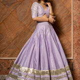 Lavender Cotton Lehenga With Gold Striped Border And Potli