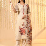 Off-White Floral Printed Kora Kurta Set