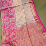 Beige Kanjivaram Silk Saree With Pink Floral Jaal And Rani Pink Zari Floral Border