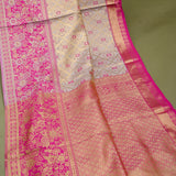 Beige Kanjivaram Silk Saree With Pink Floral Jaal And Rani Pink Zari Floral Border