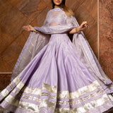 Lavender Cotton Lehenga With Gold Striped Border And Potli