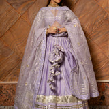 Lavender Cotton Lehenga With Gold Striped Border And Potli