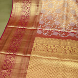 Rust Orange Kanjivaram Silk Saree With Silver Floral Bird Motifs And Magenta Gold Zari Border
