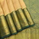 Pure Kanjivaram Silk Saree — Sandal Gold With Teal Zari Border & Peacock Pallu