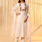 Off-White Embroidered Dupion Silk Kurta Set