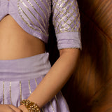 Lavender Cotton Lehenga With Gold Striped Border And Potli