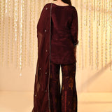 Deep Maroon Embroidered Satin Silk Kurta Set