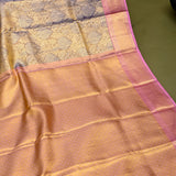 Blue Kanjivaram Silk Saree With Pink Contrast Border & Mustard Gold Pallu