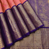Pink Kanjivaram Silk Saree With Navy Blue Peacock Zari Border