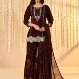 Deep Maroon Embroidered Satin Silk Kurta Set