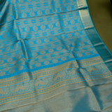 Sky Blue Kanjivaram Silk Saree With Gold Medallion Booti & Floral Pallu
