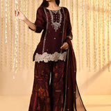 Deep Maroon Embroidered Satin Silk Kurta Set