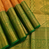Pure Kanjivaram Silk Saree — Mango Yellow With Bottle Green Contrast Border & Dual-Tone Gold Zari Pallu
