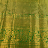 Pure Kanjivaram Silk Saree — Mango Yellow With Bottle Green Contrast Border & Dual-Tone Gold Zari Pallu