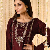 Deep Maroon Embroidered Satin Silk Kurta Set