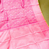 Pink Kanjivaram Silk Saree With Silver Flamingo Weave & Gold Striped Border