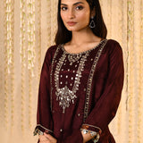Deep Maroon Embroidered Satin Silk Kurta Set