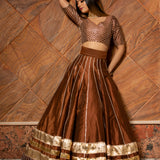 Copper Brown Cotton Lehenga With Metallic Striped Border