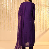 Dark Purple Embroidered Satin Kurta Set