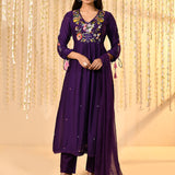 Dark Purple Embroidered Satin Kurta Set