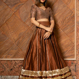 Copper Brown Cotton Lehenga With Metallic Striped Border