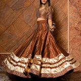 Copper Brown Cotton Lehenga With Metallic Striped Border
