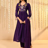 Dark Purple Embroidered Satin Kurta Set