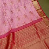 Baby Pink Kanjivaram Silk Saree With Floral Stripes & Maroon-Gold Temple Border