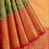 Olive Green Kanjivaram Silk Saree With Red-Gold Floral Border