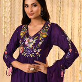 Dark Purple Embroidered Satin Kurta Set