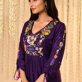 Dark Purple Embroidered Satin Kurta Set