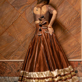 Copper Brown Cotton Lehenga With Metallic Striped Border
