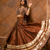 Copper Brown Cotton Lehenga With Metallic Striped Border