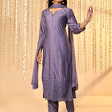 Heather Purple Embroidered Dupion Silk Kurta Set