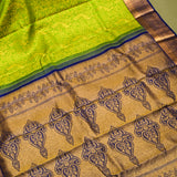 Lime Green Kanjivaram Silk Saree With Gold Zari Floral Jaal Body & Navy Blue Contrast Zari Pallu