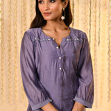 Heather Purple Embroidered Dupion Silk Kurta Set