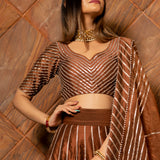 Copper Brown Cotton Lehenga With Metallic Striped Border