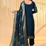 Navy Blue Satin Silk Floral Kurta Set