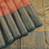 Kanjivaram Silk Saree In Rose Pink With Gold Zari Bird And Floral Jaal And Contrast Teal Gold Zari Border