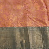 Kanjivaram Silk Saree In Rose Pink With Gold Zari Bird And Floral Jaal And Contrast Teal Gold Zari Border