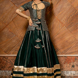 Bottle Green Cotton Lehenga With Gold Striped Border And Potli
