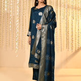 Navy Blue Satin Silk Floral Kurta Set