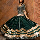 Bottle Green Cotton Lehenga With Gold Striped Border And Potli