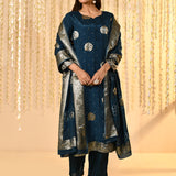 Navy Blue Satin Silk Floral Kurta Set