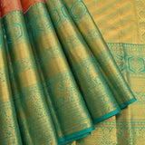 Pure Kanjivaram Silk Saree — Orange With Teal Contrast Border & Antique Gold Zari Pallu
